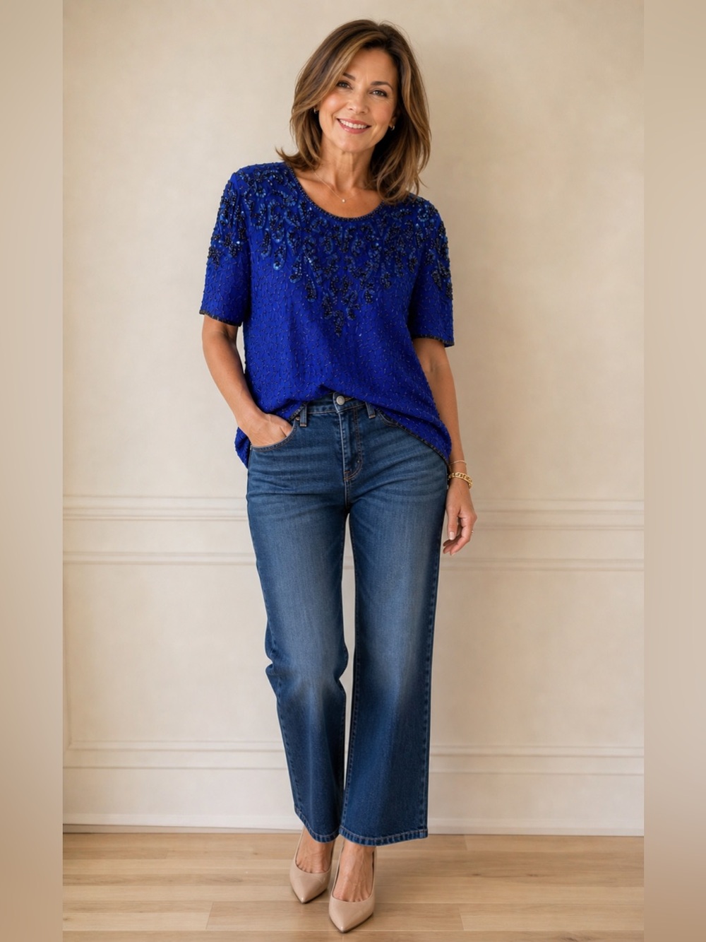 Vintage Retro Royal Blue Fully Beaded Short Sleeve Women's Blouse Size Large
